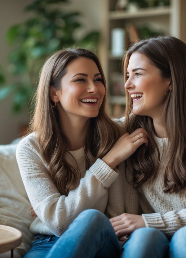 Duas primas sorrindo e conversando juntas em uma sala de estar aconchegante e iluminada.