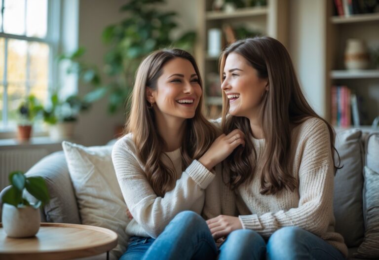 Duas primas sorrindo e conversando juntas em uma sala de estar aconchegante e iluminada.
