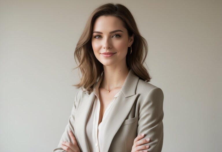 Mulher jovem de cabelos castanhos ondulados, vestindo roupa casual elegante, sorrindo suavemente em fundo neutro.