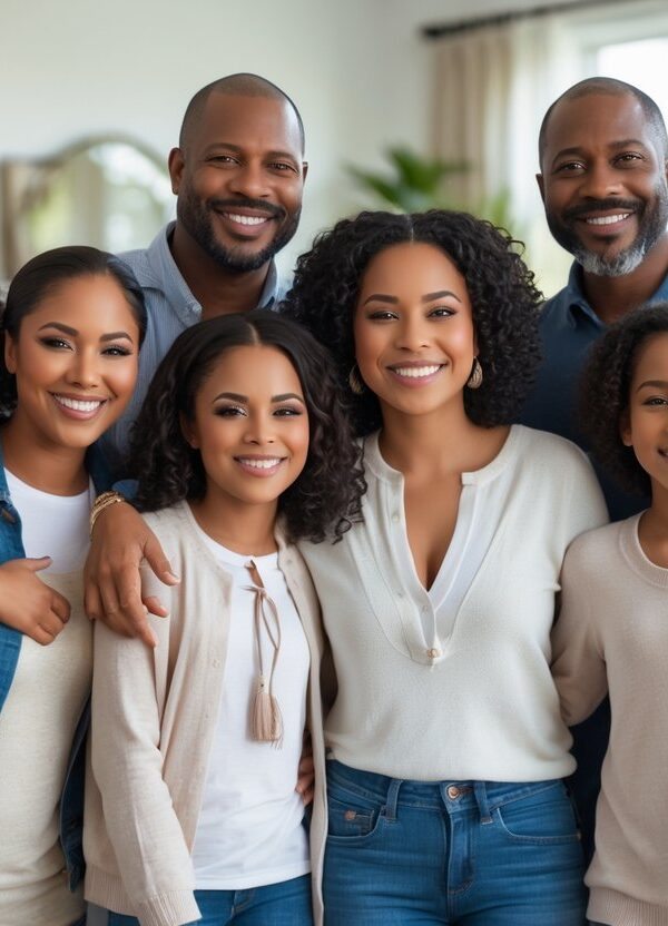 Família Wayans sorrindo e posando junta em uma sala de estar moderna e iluminada.