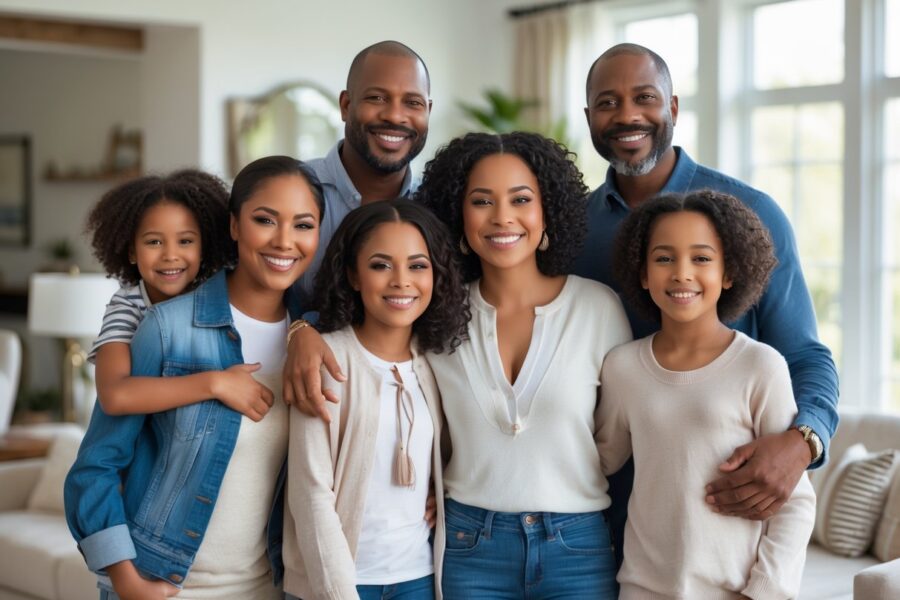 Família Wayans sorrindo e posando junta em uma sala de estar moderna e iluminada.