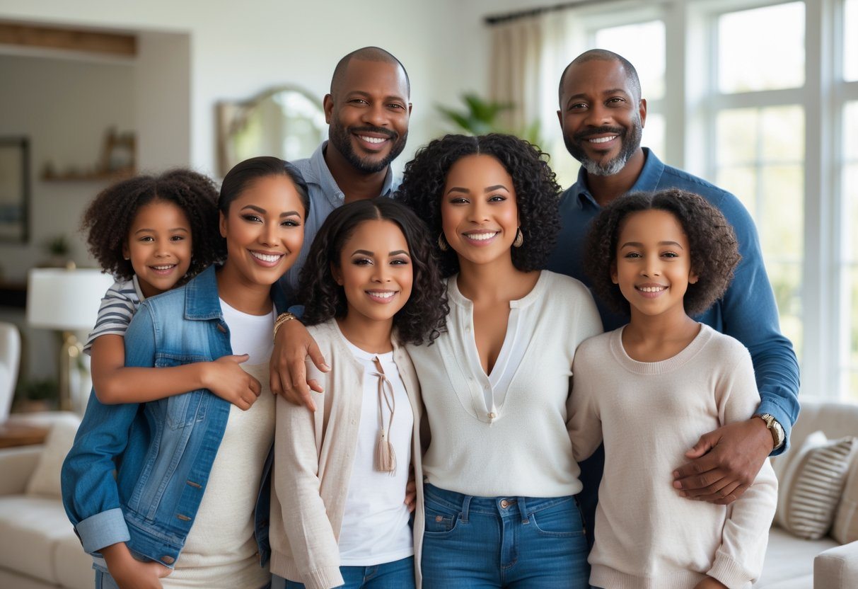 Família Wayans sorrindo e posando junta em uma sala de estar moderna e iluminada.
