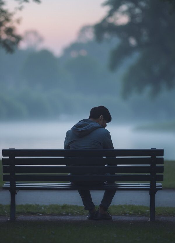 Pessoa sentada sozinha em um banco de parque ao entardecer, com expressão pensativa e ambiente tranquilo e nebuloso ao redor.