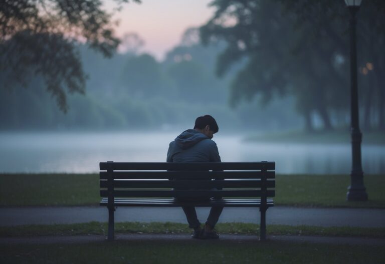 Pessoa sentada sozinha em um banco de parque ao entardecer, com expressão pensativa e ambiente tranquilo e nebuloso ao redor.