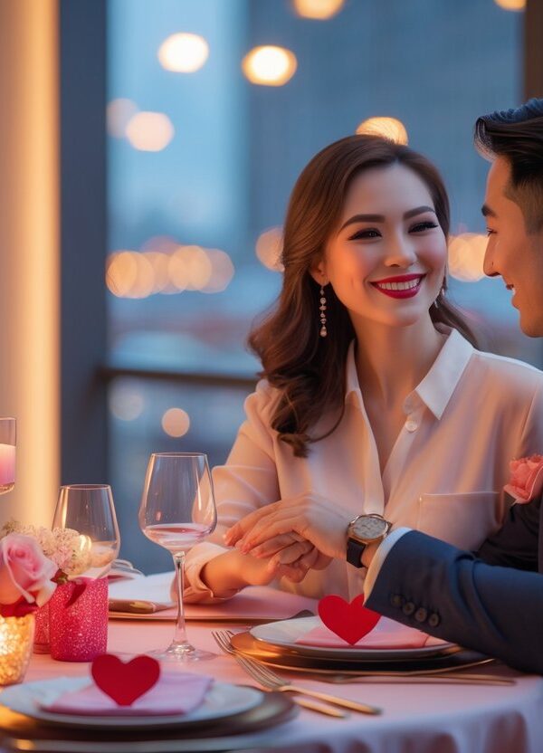 Casal sorrindo e segurando as mãos em uma mesa decorada com rosas e velas em um ambiente romântico à noite.