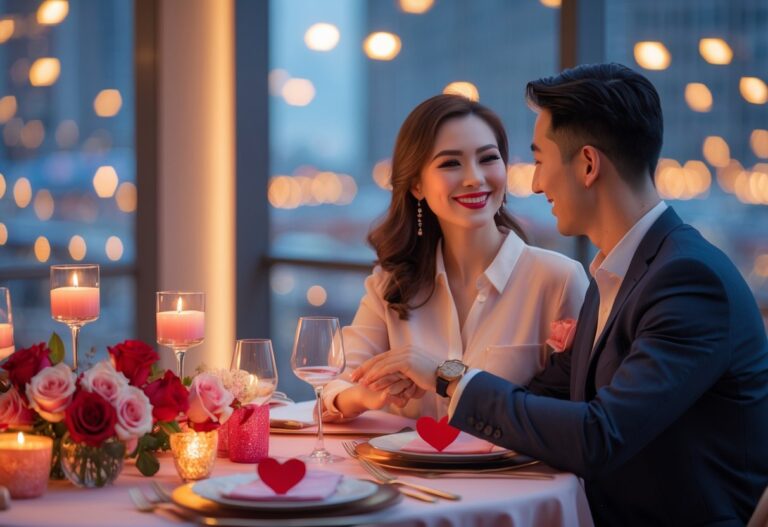 Casal sorrindo e segurando as mãos em uma mesa decorada com rosas e velas em um ambiente romântico à noite.