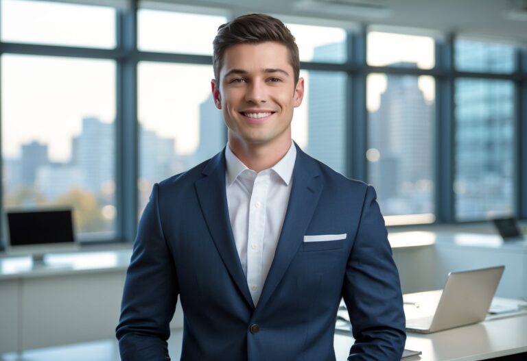 Um homem jovem e confiante em um escritório moderno, sorrindo e usando um terno azul escuro.