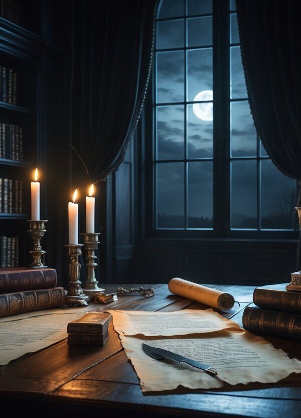 Um ambiente interno escuro com uma mesa de madeira, livros antigos, pergaminhos e velas acesas, com uma janela mostrando o céu noturno iluminado pela lua.