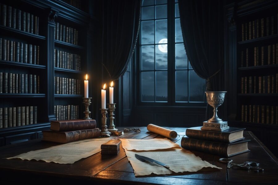Um ambiente interno escuro com uma mesa de madeira, livros antigos, pergaminhos e velas acesas, com uma janela mostrando o céu noturno iluminado pela lua.