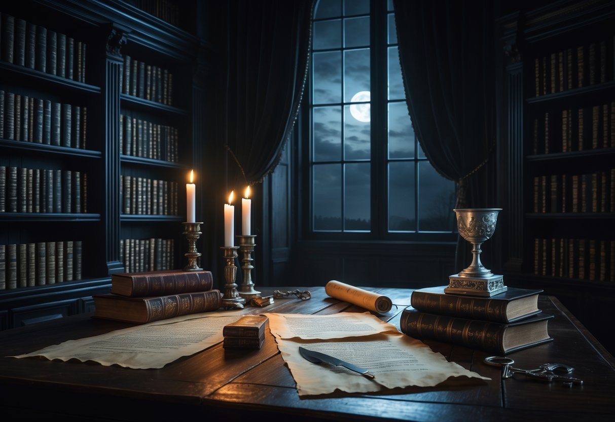 Um ambiente interno escuro com uma mesa de madeira, livros antigos, pergaminhos e velas acesas, com uma janela mostrando o céu noturno iluminado pela lua.