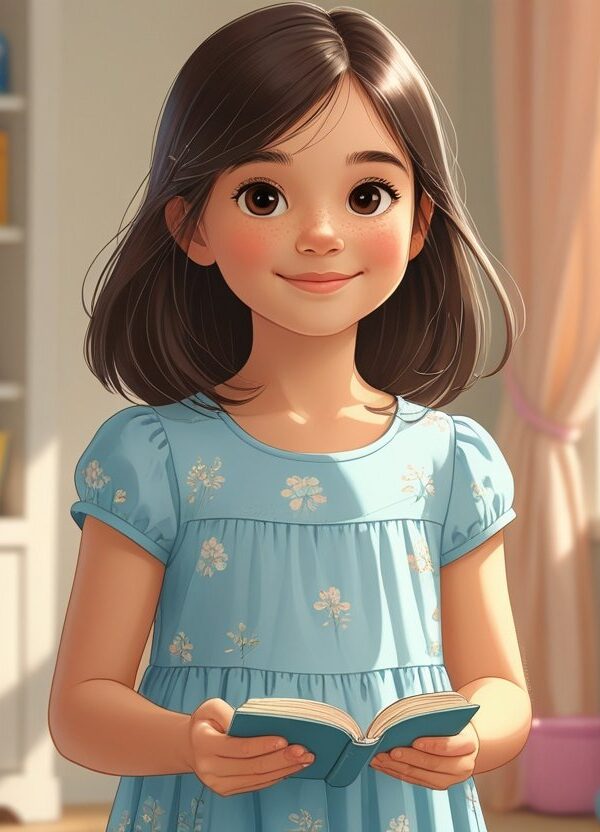 Uma menina jovem de aproximadamente 10 anos, com cabelo escuro e olhos castanhos, sorrindo e segurando um livro em um quarto iluminado e acolhedor.