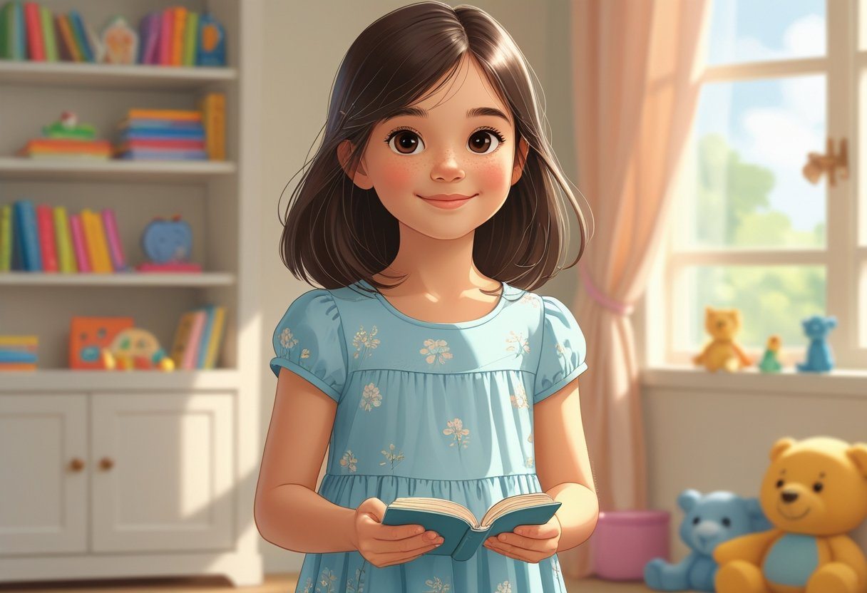 Uma menina jovem de aproximadamente 10 anos, com cabelo escuro e olhos castanhos, sorrindo e segurando um livro em um quarto iluminado e acolhedor.