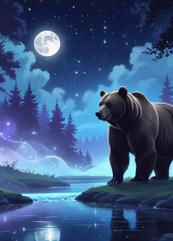 Um urso grande e calmo em uma floresta à noite, perto de um rio sob um céu estrelado, transmitindo força e introspecção.