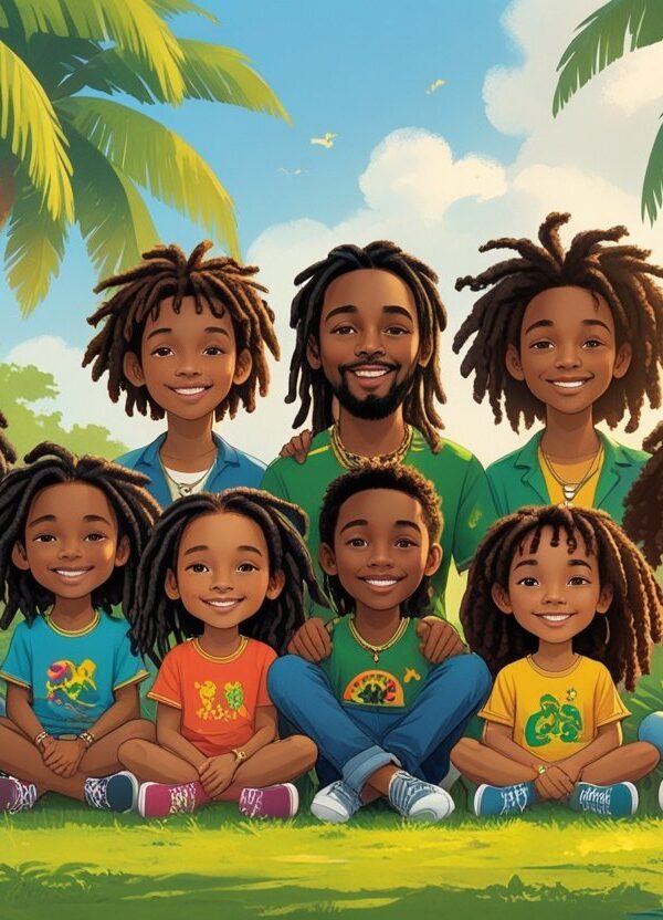 Um grupo de jovens jamaicanos reunidos ao ar livre em um cenário tropical, transmitindo alegria e união familiar.
