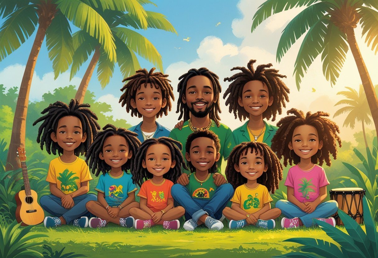 Um grupo de jovens jamaicanos reunidos ao ar livre em um cenário tropical, transmitindo alegria e união familiar.