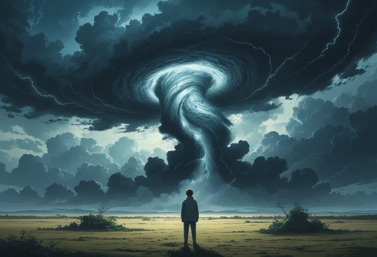 Uma pessoa de olhos fechados em uma planície enquanto um tornado violento gira no céu escuro e tempestuoso ao fundo.