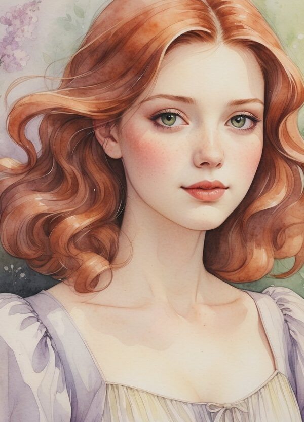 Retrato de uma jovem mulher com cabelos ruivos e olhos verdes, vestindo um vestido claro, em um jardim com flores e plantas ao fundo.