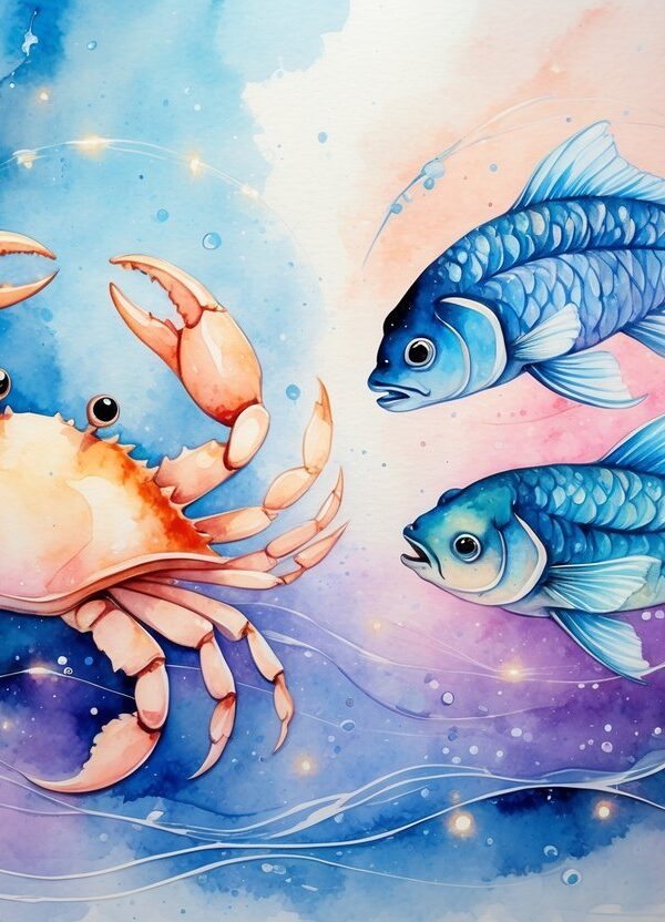 Uma pintura mostrando um caranguejo e dois peixes nadando juntos em um fundo azul suave.