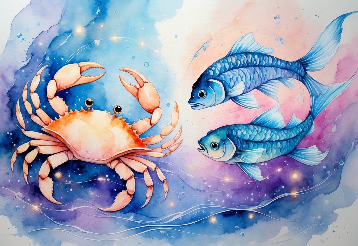 Uma pintura mostrando um caranguejo e dois peixes nadando juntos em um fundo azul suave.