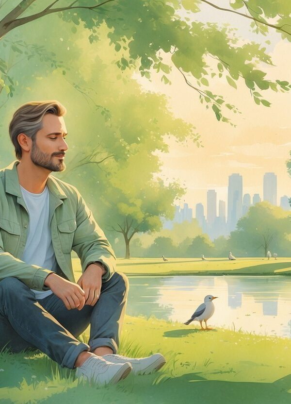 Um homem sentado em um parque verdejante, cercado por árvores e um lago, com uma expressão calma e pensativa.