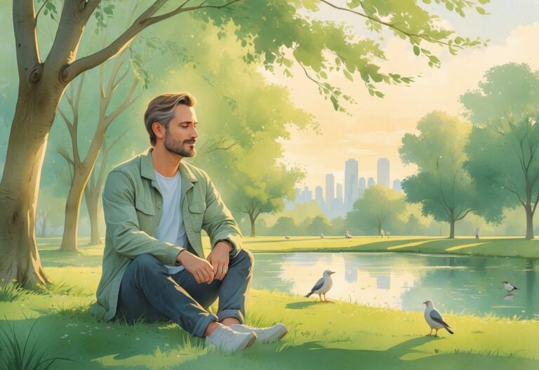 Um homem sentado em um parque verdejante, cercado por árvores e um lago, com uma expressão calma e pensativa.