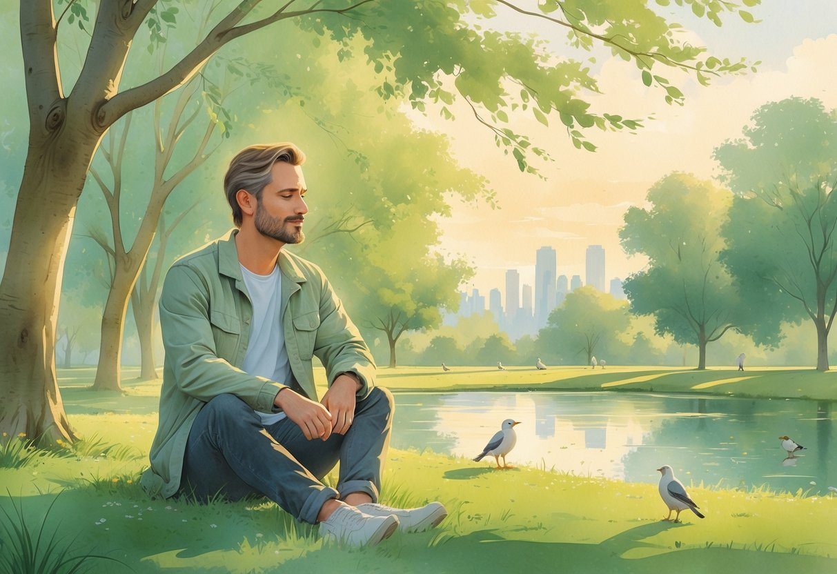 Um homem sentado em um parque verdejante, cercado por árvores e um lago, com uma expressão calma e pensativa.