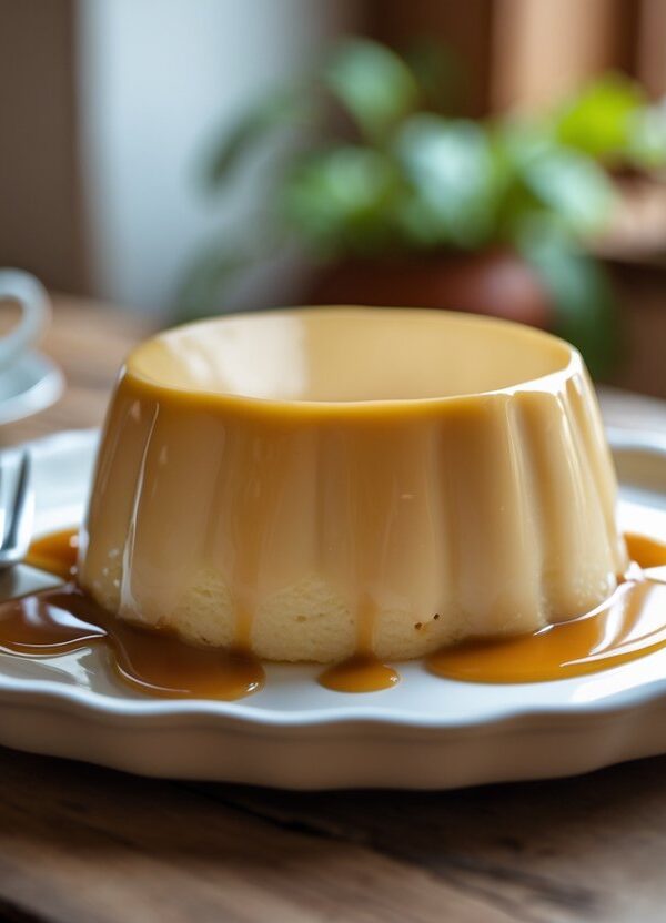 Um pudim cremoso com calda de caramelo em um prato branco sobre uma mesa de madeira, em um ambiente de cozinha aconchegante.