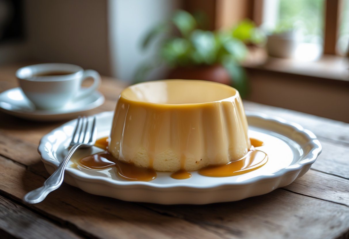 Um pudim cremoso com calda de caramelo em um prato branco sobre uma mesa de madeira, em um ambiente de cozinha aconchegante.