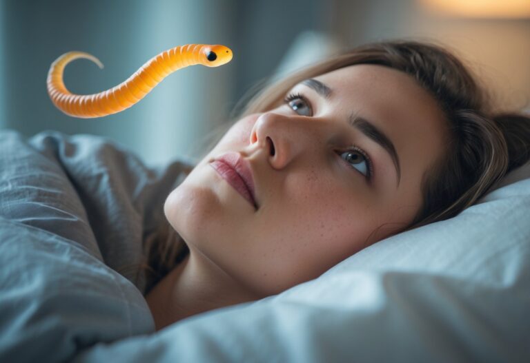 Pessoa deitada na cama com expressão pensativa e um desenho translúcido de uma lombriga flutuando acima da cabeça.