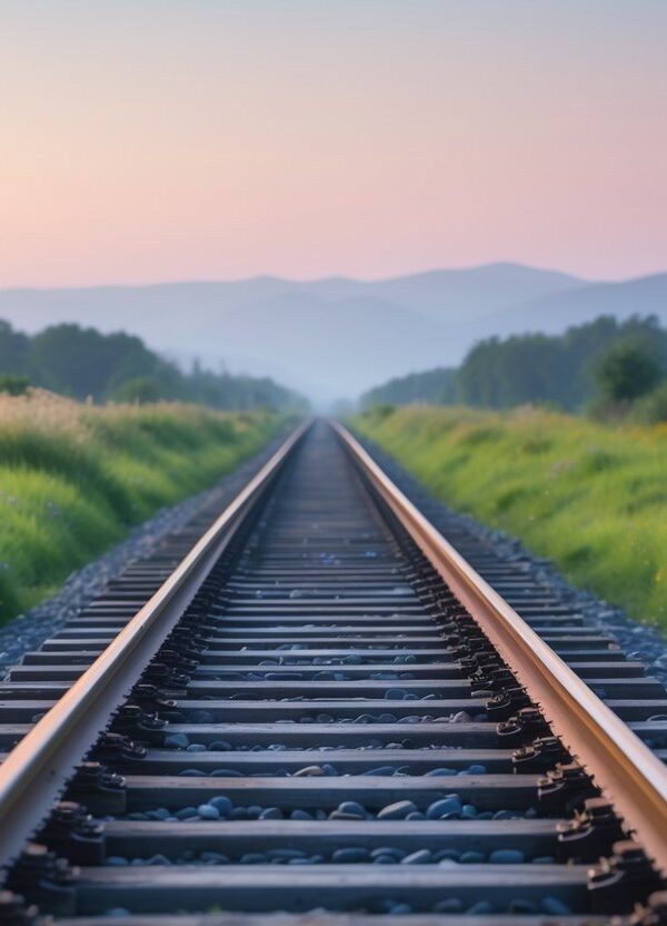 Linha de trem vista de perto, estendendo-se ao horizonte com céu colorido ao amanhecer e vegetação ao redor.