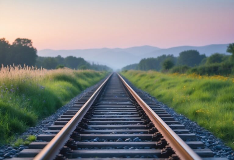 Linha de trem vista de perto, estendendo-se ao horizonte com céu colorido ao amanhecer e vegetação ao redor.