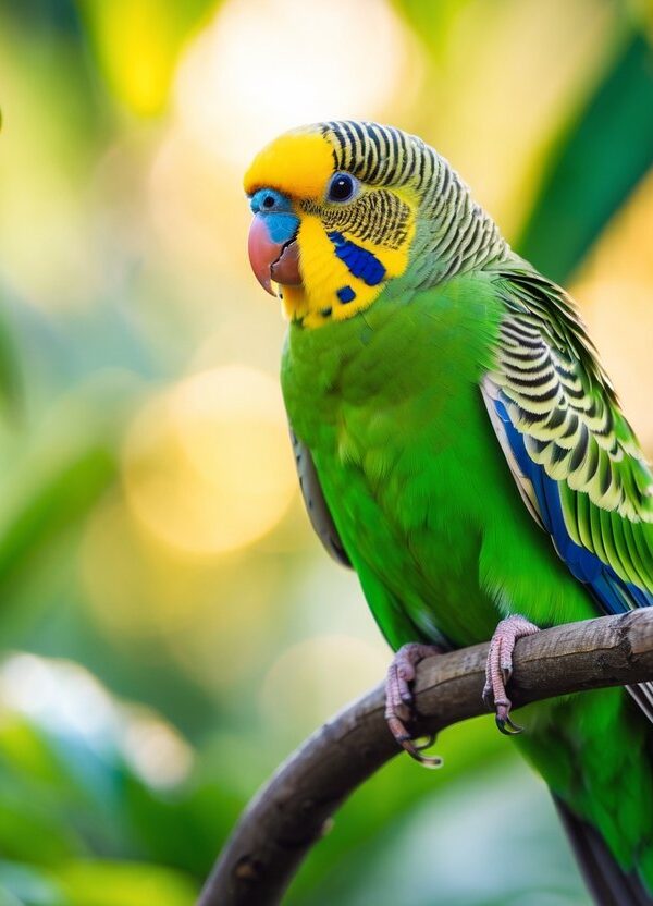 Um periquito verde vibrante pousado em um galho cercado por folhagens tropicais.