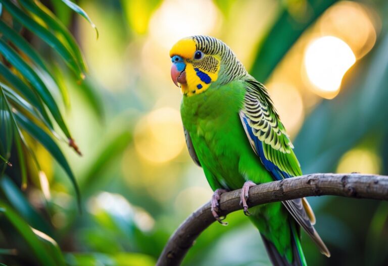 Um periquito verde vibrante pousado em um galho cercado por folhagens tropicais.