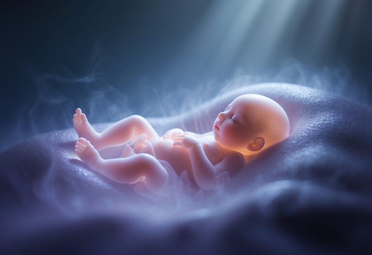 Um feto delicado e iluminado flutuando dentro de um ambiente que lembra um útero, cercado por uma névoa suave e luzes azuis e roxas.