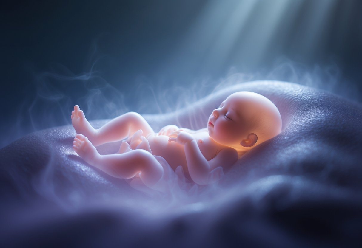 Um feto delicado e iluminado flutuando dentro de um ambiente que lembra um útero, cercado por uma névoa suave e luzes azuis e roxas.