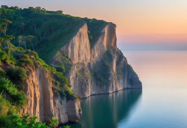 Um penhasco íngreme com vegetação verde ao redor, visto durante o pôr do sol com céu colorido e água calma abaixo.