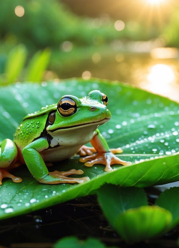 Um pequeno sapo verde sobre uma folha verde com gotas de orvalho em um ambiente natural tranquilo pela manhã.