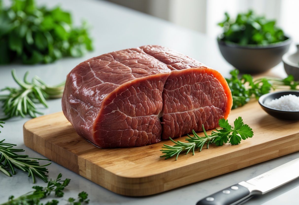 Fígado de boi cru sobre uma tábua de madeira com ervas frescas e uma faca em uma cozinha clara.