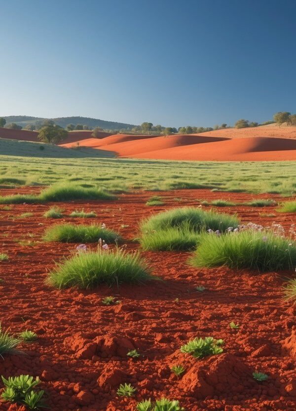 Campo aberto com terra vermelha vibrante, vegetação esparsa e céu azul claro ao fundo.