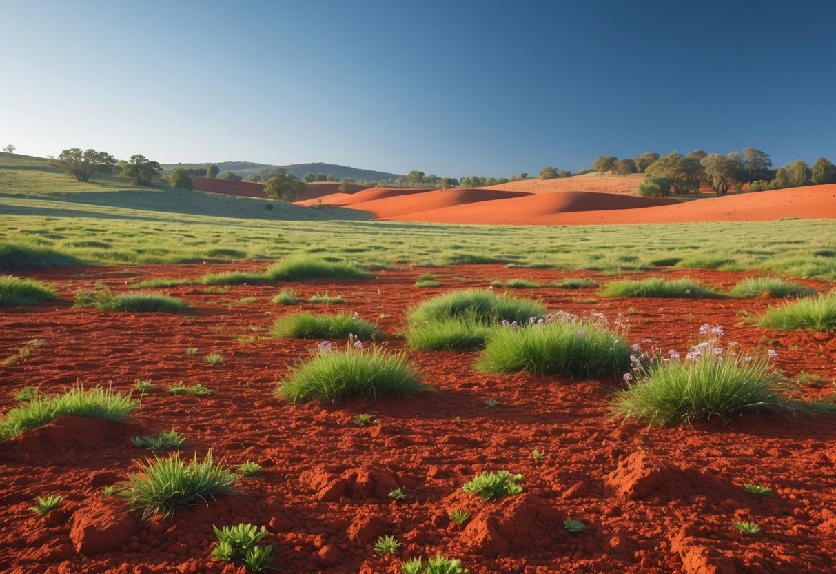 Campo aberto com terra vermelha vibrante, vegetação esparsa e céu azul claro ao fundo.