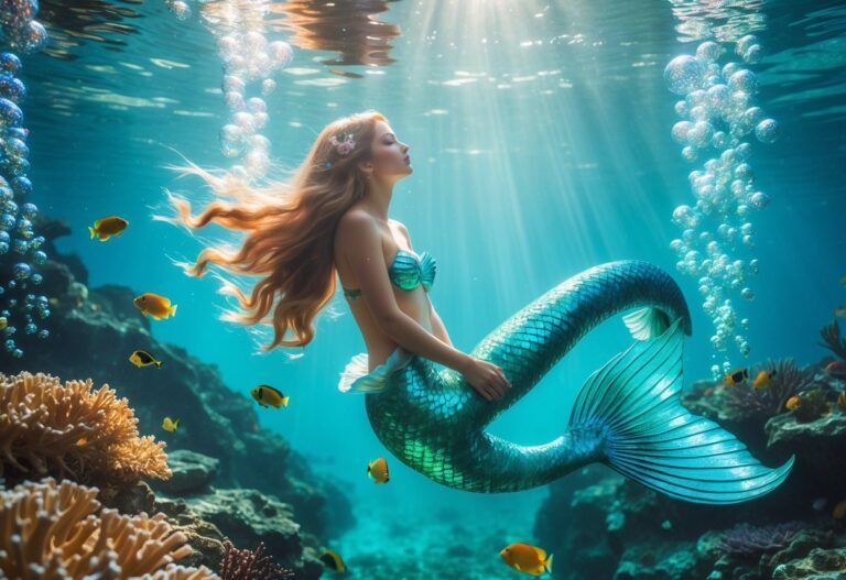 Uma sereia flutuando pacificamente debaixo d'água, cercada por corais coloridos e peixes tropicais.