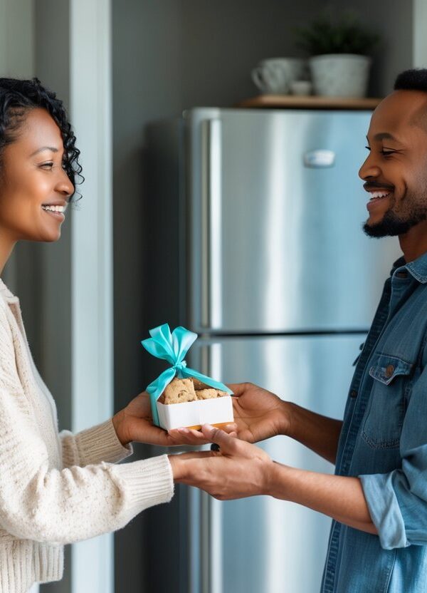Dois vizinhos sorrindo trocando um presente na porta de uma cozinha com um congelador ao fundo.