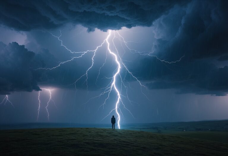 Pessoa olhando para um raio caindo do céu em uma paisagem aberta durante uma tempestade.
