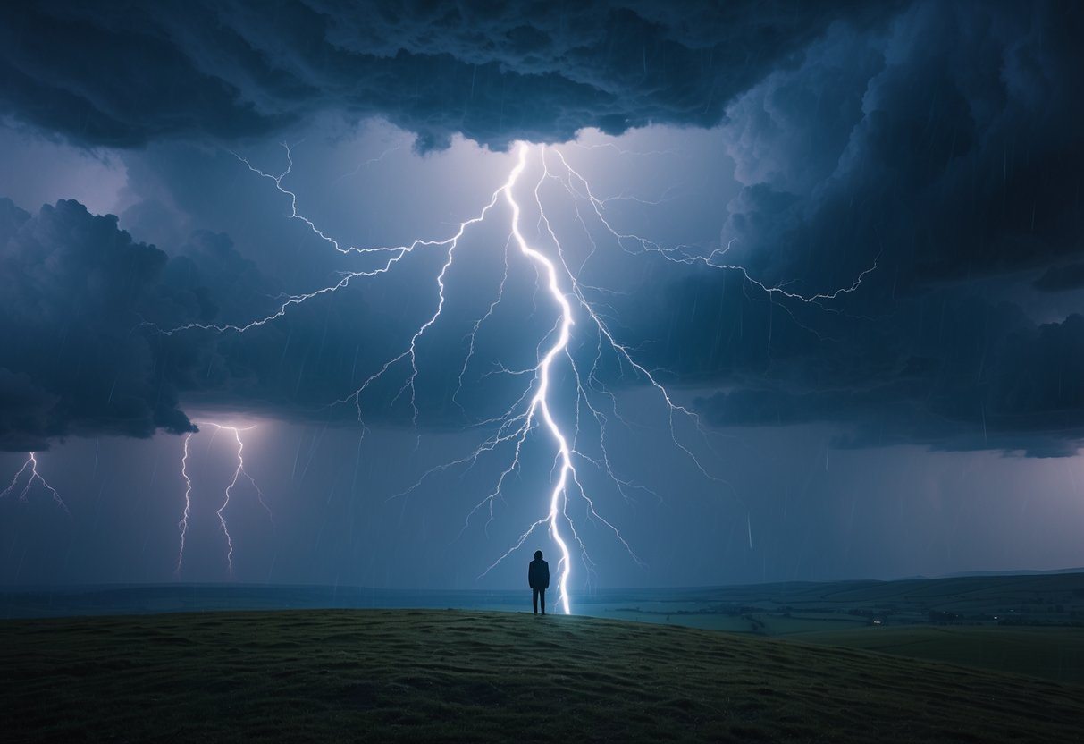 Pessoa olhando para um raio caindo do céu em uma paisagem aberta durante uma tempestade.