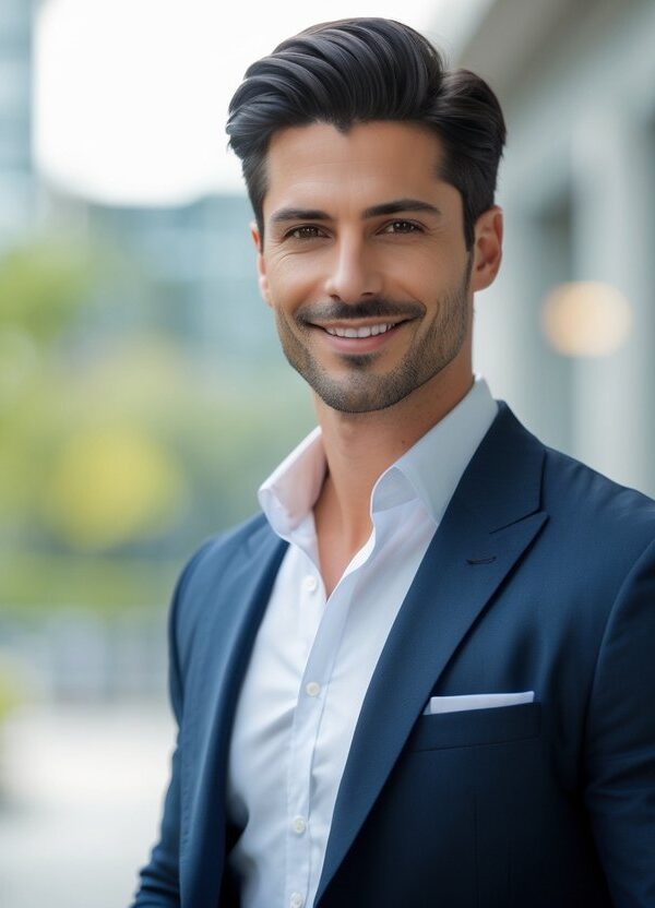Homem bonito, sorrindo, em ambiente urbano ao ar livre, com roupa social.