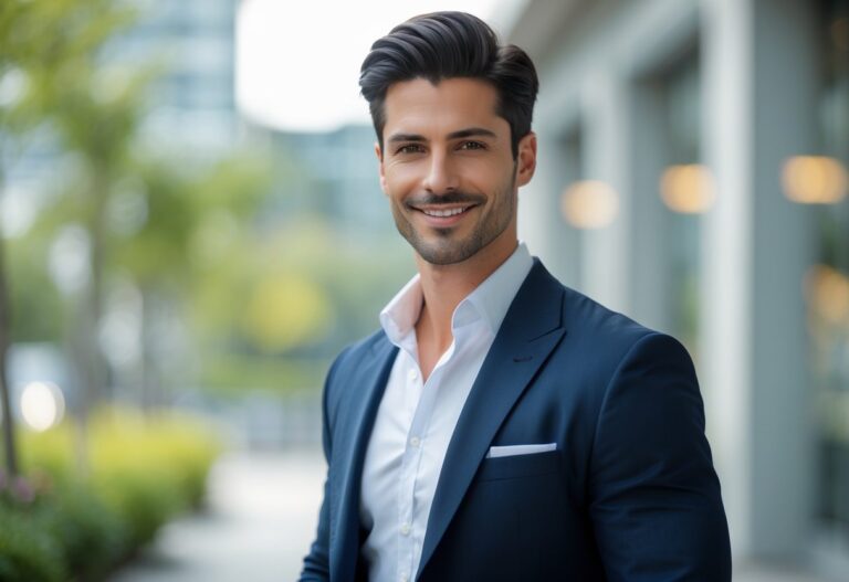 Homem bonito, sorrindo, em ambiente urbano ao ar livre, com roupa social.