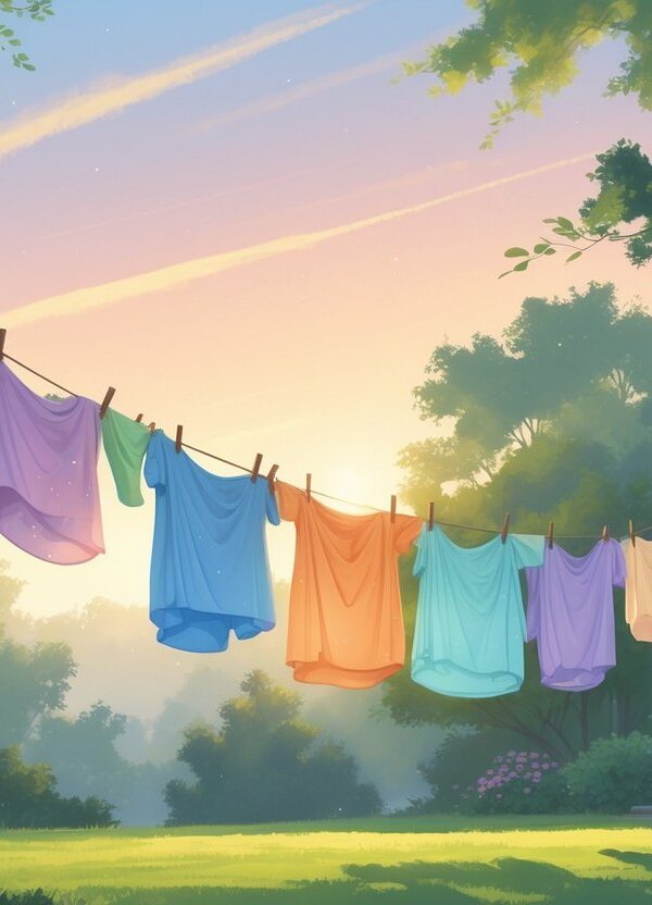 Varal ao ar livre com roupas coloridas penduradas, ao amanhecer em um quintal tranquilo.