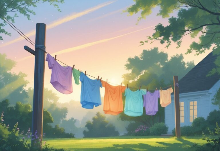 Varal ao ar livre com roupas coloridas penduradas, ao amanhecer em um quintal tranquilo.
