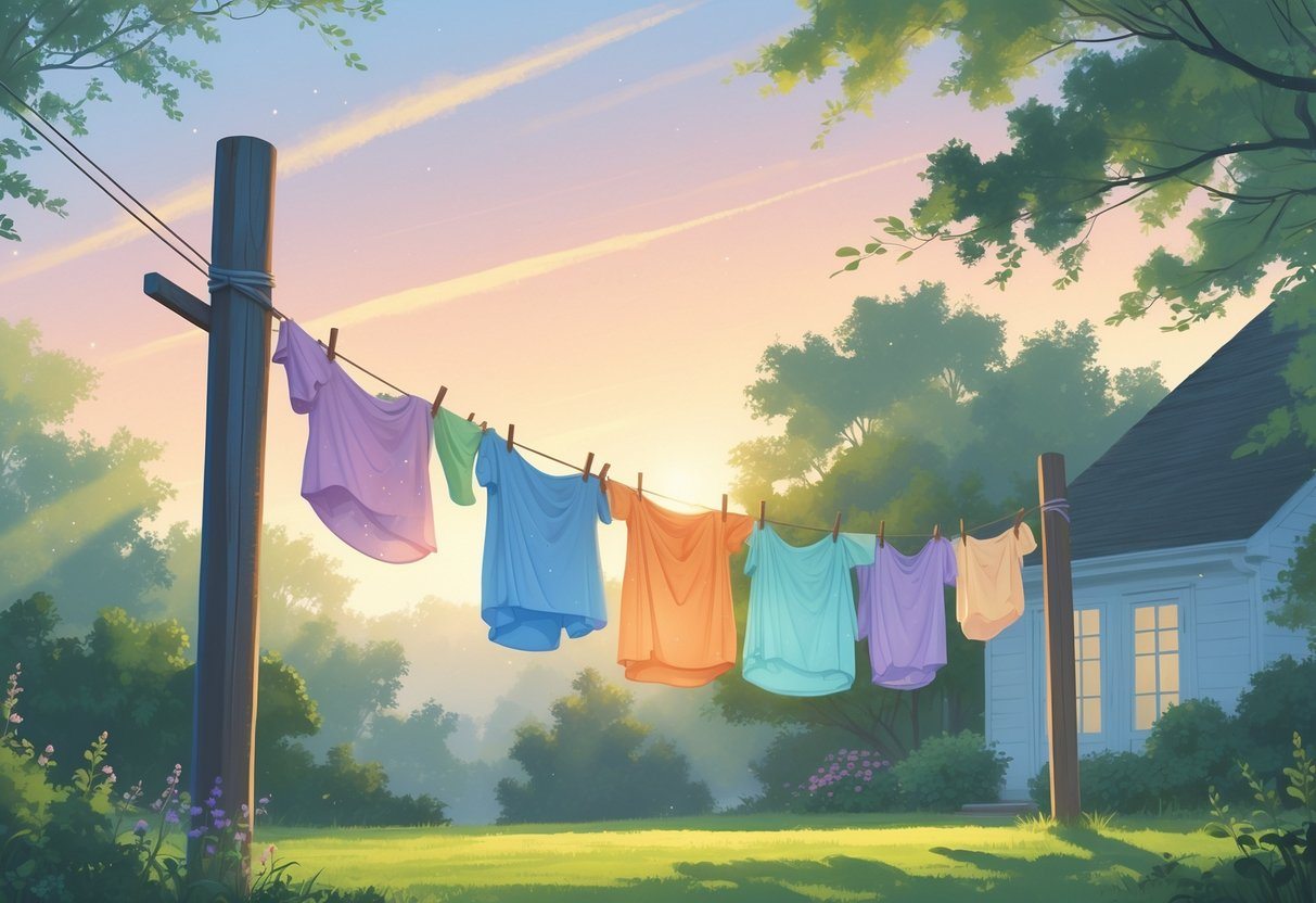 Varal ao ar livre com roupas coloridas penduradas, ao amanhecer em um quintal tranquilo.