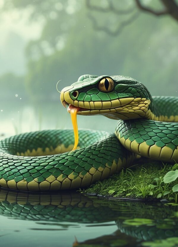 Uma cobra grande está comendo um sapo em um ambiente natural com vegetação e um lago ao fundo.